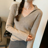 Lapel Folded Into Solid Color Long-Sleeved Knitted Sweater A New Style V-Collar Underwear In Autumn And