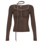 Lace Trim Square Collar Lace Ribbon Long Sleeve Tee-Outfit
