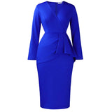 Fongt Women's 2025 Autumn/Winter Fashion V-Neck Long Sleeves Solid Colored Flawed Buffet OL Tongle African Dress