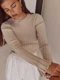 Strip Solid Knitted Sweater Autumn Woman Round Neck Long Flare Sleeve Pullover Casual Simple Basic Jumper Female Sweaters-Outfit