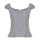 Fongt Girl Age-Sensitive French Retro Checkered Low-Chest Shoulder Short-Sleeved T-Shirts Single-Breasted Buckle Thin Top