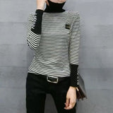 Striped Letter Spliced T-shirt Female Clothing Fashion Patch Designs 2023 Spring Autumn Slim Korean Turtleneck Pullovers-Outfit