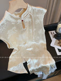 New Chinese Style Light Style Blouse Women's Summer Short Style Slim High Feel Plate Button Thin Satin Broken Flower Shirt-Outfit