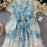 Fongt Printed Lantern Sleeve Dress Female Spring V-Neck Hollow Hook Flower Embroidery Light Luxury A Dress