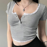 Y2k Vintage Crop Top Lace Patchwork Square Collar Short Sleeve Skinny T-shirt Women Casual Summer Tees 2000s Basic Shirt-Outfit