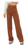 Fongt Fashion New Women's Casual Straight Pants High Waist Button Elastic Belt With Multiple