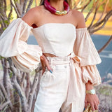 Backless Flare Sleeve Tops Slim Long Pants Suit 2pc Set Off Shoulder Tops Pocket Trousers Outfits Chic High Waist Set