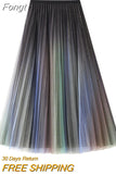 Women‣s Korean Gradient Color Skirt Fashion Mesh Yarn High Waist Pleated Mid-length