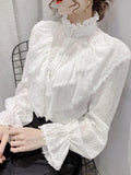 Ruffle Stitching Elegant Lace Blouse Long Sleeve Loose Chiffon Shirts Korean Style Stand Collar Pleated Top Blusas