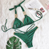 Fongt New Bikini Sexy Crystal Diamond Bandage Solid Color Split Women's Swimsuit