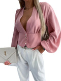 Ebay Hot Spring Solid Color V Collar Button Lantern Sleeve Shirt Shirt Woman-Outfit