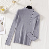 Casual Front Button Slim Knitted Sweater Long Sleeve Stand Collar Solid High Street Pullover 2021 Winter New Fashion