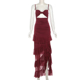 Burgundy Mesh Ruffle Strap Maxi Dress-Outfit