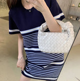 Fongt Summer New Striped Knitted Temperament Sexy Knitted Ice Silk Cover Head Short Sleeve Splicing Dress Woman