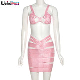 Puss Two Piece Set Women Hollow Out Mesh Band Patchwork Summer Trend Beach Style Top+Skirt Skinny Matching Party