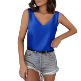 Solid Color Satin Vest V-Collar Casual Sling Sleeveless Shirt Summer Basic Style-Outfit