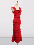 Fongt Temperament Dress Women 2025 Summer New Elegant Wind Flowers Spliced Wood Ear Design Sling