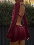Backless Distressed Long Sleeve Party Mini Dress-Outfit