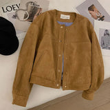 Suede Cropped Jacket Women Harajuku Casual Bomber Coat Streetwear Korean Camel Single Breasted Loose Outerwear Tops New-Outfit