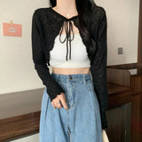 Short Cardigan Women Long Sleeve Thin Open Stitch Knitted Sweater Shirts Female Solid Shawl-Outfit