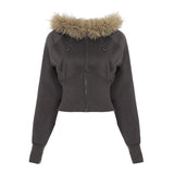 Fongt Cloth Forget Camouflage Printed Hair Splicing Cap Plus Velvet Short Jacket Hottie Waist Zipper Open Shirt Coat