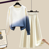 Women Autumn Winter Warm Knitted Two Pieces Sets Korean Long Sleeve Pullover Sweater Top And High Waist Knitting Skirts