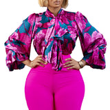 Fongt Women's 2025 New Fashion Temperament Thin Print Strapped Shirt Plus-Size African Shirt