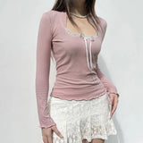 Fongt Girl Wind Lace Stitching Bow Long Sleeve T Shirt Square Collar Pit Strip Slim Solid Color Bottom Top-Outfit