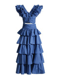 Fongt Holiday Wind Autumn 2024 New V Collar Fly Sleeve Flounce Stitching Cake Skirt Solid Color Suit-Outfit