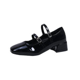 Fongt French Light-Mouthed Dress Coarse Heel Single Shoes Spring And Autumn New Square Head Mary Jane Buckle Small Leather Shoes Woman