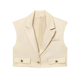 Fongt New Women's Short Lap Collar Vest Vest Top High Waist Broad Leg Trousers Set
