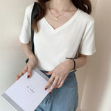Summer New Threaded Pure Color Short-Sleeved Knitted V-Collar T-Shirt Design Feeling Bottomed