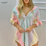 Women Fashion Striped Print Shirt Lady Long Sleeve Blouse Off Shoulder Ruched Button Design Casual Tops blouses