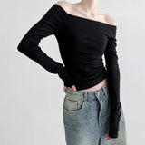 Style Basic Simple Solid Color T-Shirt With Bare Shoulder And Bottom 2023 New Temperament Age-Reducing