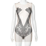Fongt Women's Summer New Round-Neck Sleeveless Splicing Mesh Mesh Sexy Hollow Hot Diamond