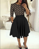 Fongt New Round-Neck Printing Belt Fashion Casual Commuter Dress