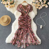 Fongt Retro Niche Design Drawstring Print V-Neck Dress Summer Women's Pocketed Fishtail Skirt Tide