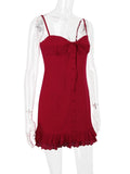 Red Lace Patchwork Buttoned Mini Dress-Outfit