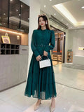 Fongt New V-Neck Single-Drenchee Chiffon French Retro Dress Thin A-Character Long Dress Women's Bubble Cuff