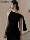 Incline Should Dress Women Classic Solid Ribbons Asymmetrical Sleeveless Sheath Vestidos Basic Concise Street Party Robe-Outfit