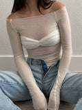 Through Mesh Crop Top Women Pullovers Strapless Short Knit Cropped Tops Ladies Tee Shirt Sexy Off-shoulder T-shirt-Outfit