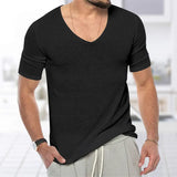 Fongt Men's Thin V-Neck Solid Knitwear Summer Short-Sleeved Knitted T-Shirt