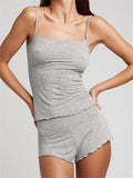 Women 2 Pieces Pajama Sets Nightwear Solid Color Square Neck Sleeveless Strap Camis Tops Shorts Loungewear Sleepwear-Outfit
