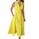 Fongt 2024 New V-Neck Sleeveless Solid Color Lapel Pleated Long Temperament Dress Female-Outfit