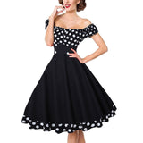 Vintage 50s 60s Hepburn Dress Women Retro Rockabilly Polka Dot Dress Black Red Off Shoulder Sleeveless Dress Female-Outfit