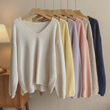Autumn And Winter New Large Version Of Korean V-Collar Solid Color Lazy Breeze Loose Sweater Blouse-Outfit