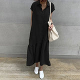 Elegant Summer Long Shirt Dress Women Lapel Neck Short Sleeve Solid Loose Work Sundress Robe Femme Maxi