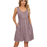/ Summer 2023 Solid Color Sleeveless Button Pocket Round Collar Slit Closed Waist Dress-Outfit