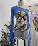 Design-Sensitive One-Shoulder Horn Long-Sleeved Mesh Yarn-Print T-Shirt With Short Tight Top