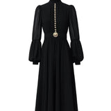 Fongt High-End Elegant Dress Spring New Fashion Metal Buckle Waist Thin Lantern Sleeve Chiffon Long Dress